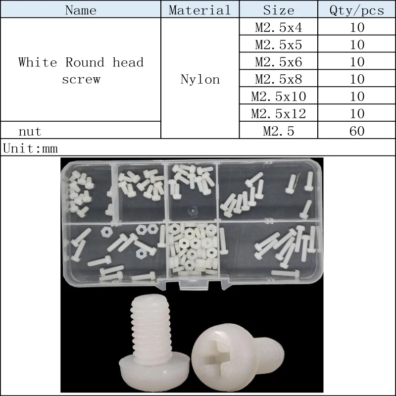 Plastic Machine Screw Nut Washer Box M2.5 M3 M4 M5 M6 White Nylon Phillipis Round Head Bolt Set Nylon Screw Classification Kit