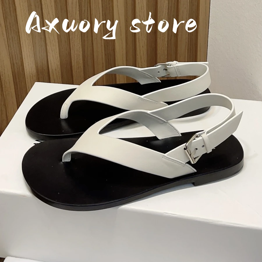 

New Woman Flip-flops Sandals Fashion Round Toe Casual Concise Buckle Strap Real Leather Beach Shoes