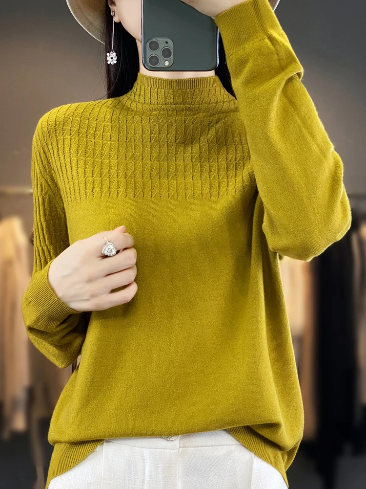 

Oversized Sweaters Woman Knitted Jacquard Jumper Half High Collar Pullovers Female Clothing New In Knitwears 2023 Fashion Trends