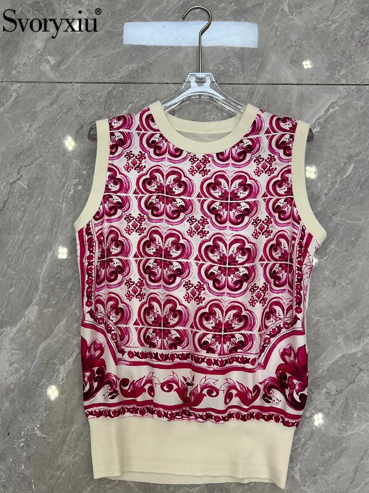 

Svoryxiu Runway Designer Summer Vintage Blue And White Porcelain Print Knitting Sweater Vests Women's Sleeveless Elastic Vests