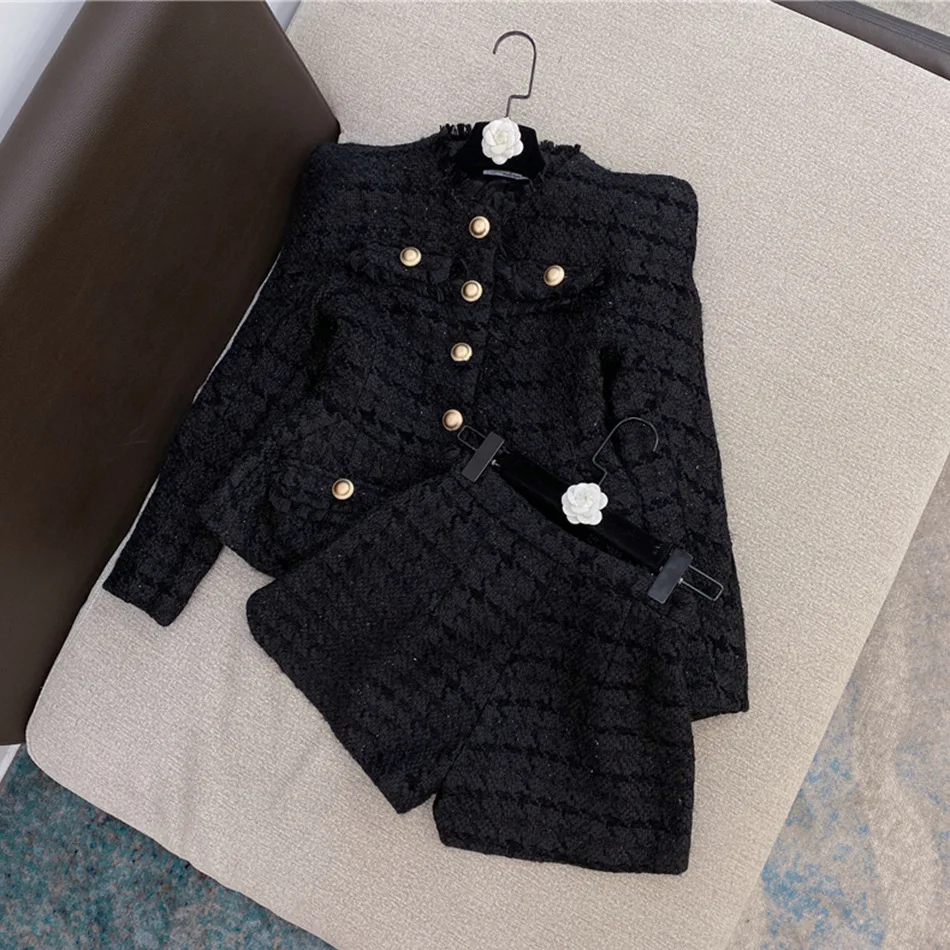 

2024 High Quality Spring Sexy O Neck Long Sleeve Single Breasted Jacket and Pants Club Party Set New Tweed 2-piece Set