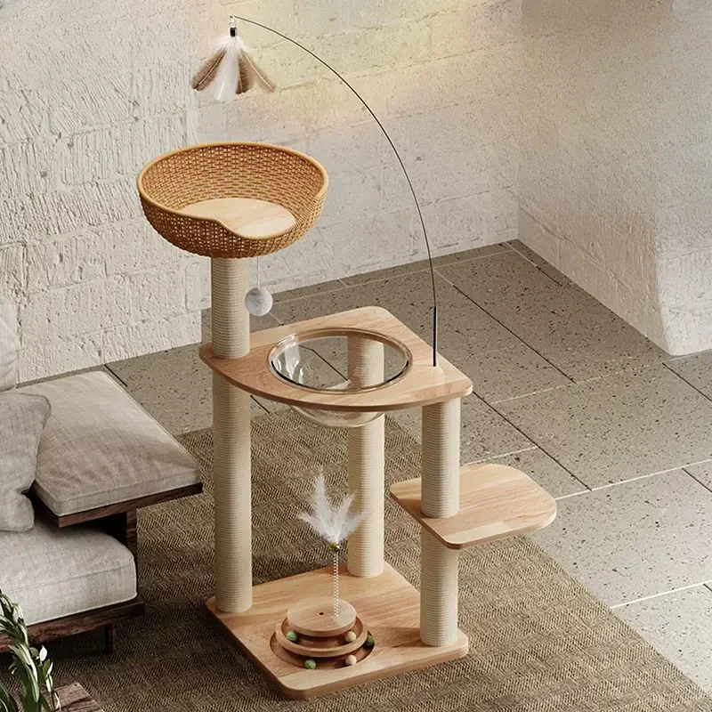 

Compact Solid Wood Cat Climbing FrameIntegrated Space Module With Small Sisal Scratching Board Sleek Vertical Design