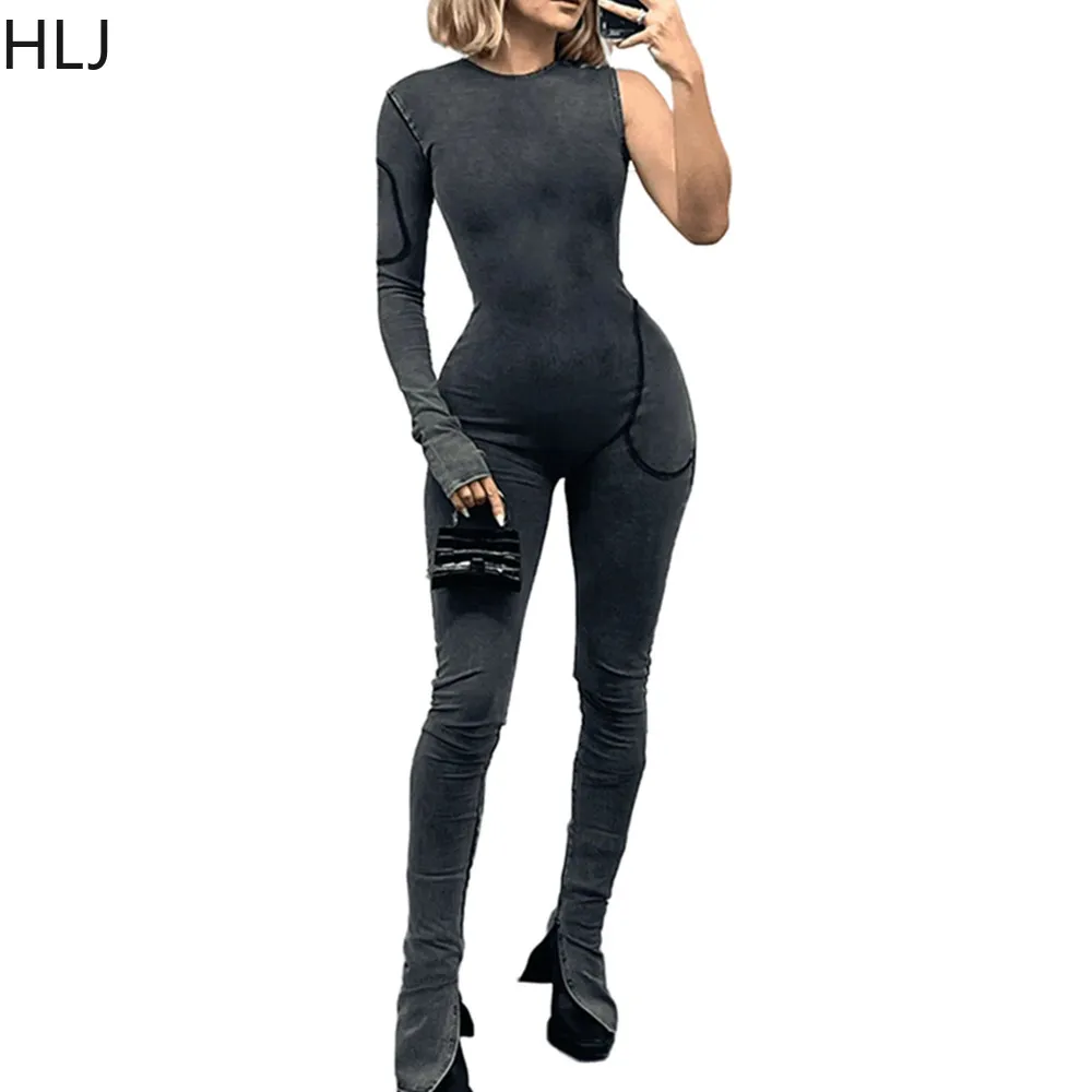 HLJ Black Sexy Solid Color Bodycon One Shoulder Sleeve Jumpsuits Women Round Neck Skinny Pants Playsuits Female Sporty Overalls