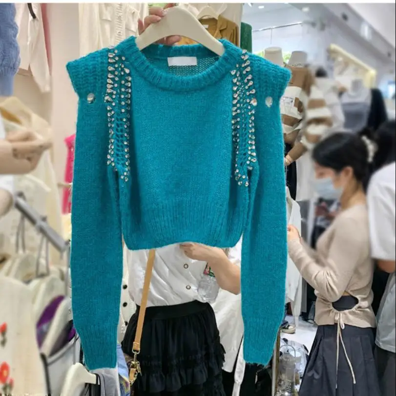 

Diamond-studded Women's Sweater 2022 Autumn Winter Design Short Round Neck Loose long-sleeved Pullover casual Top Femme w2638
