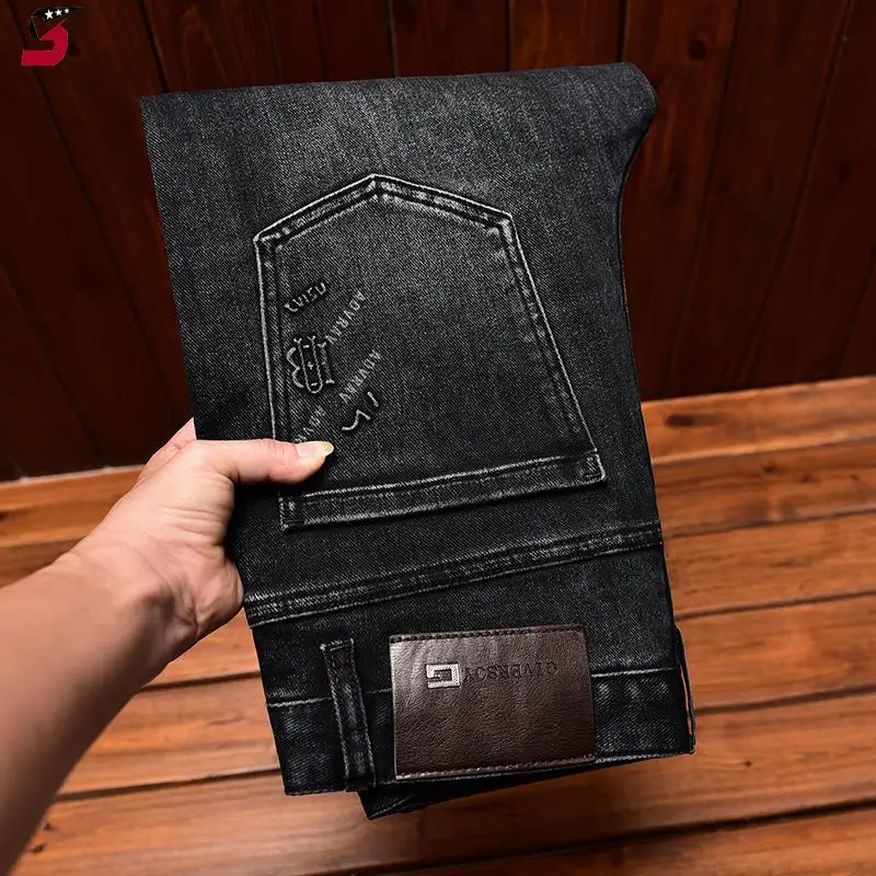 High-end Trendy Men's Jeans Fashion Printed Loose Straight Casual Stretch Black Gray Long Pants 4