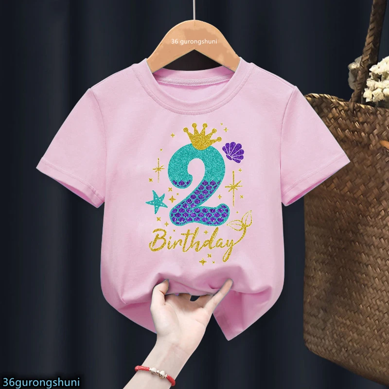3th/4th/5th/6th Birthday Gift For Girls Tshirt Glitter Mermaid Princess Graphic Print T Shirt Kawaii Kids Clothes Summer Tops 2