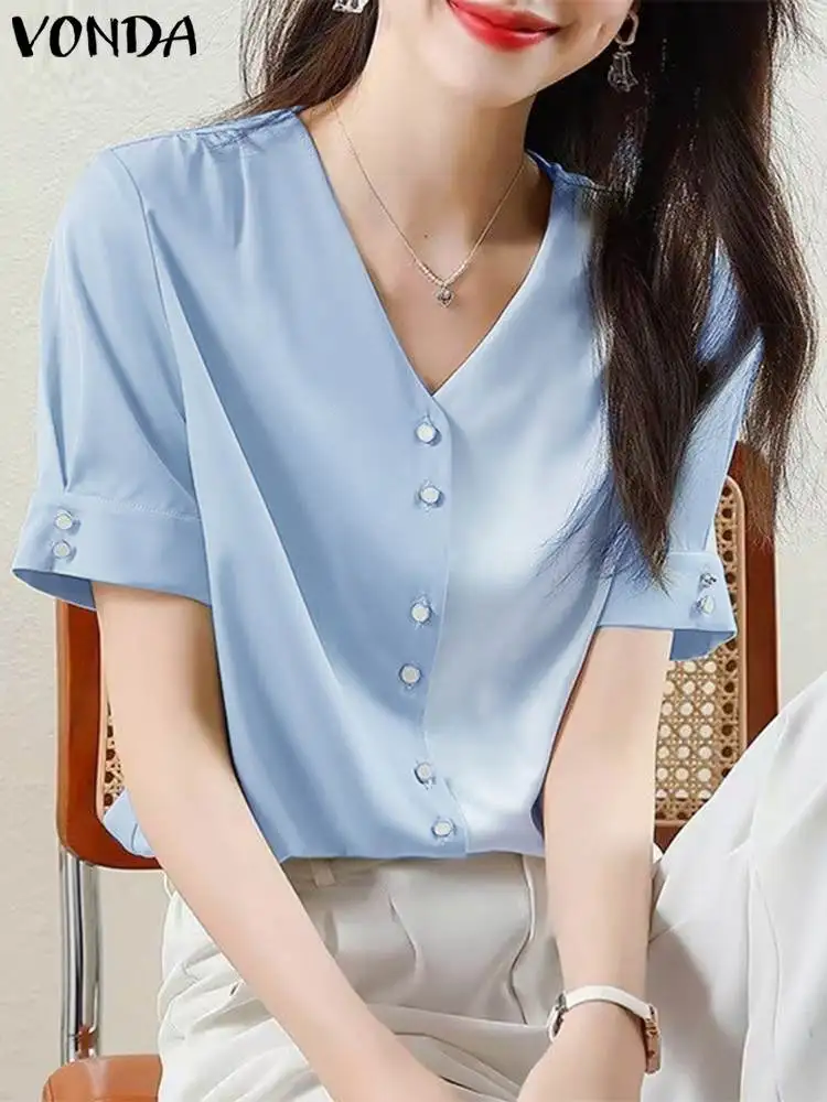 

VONDA Elegant Short Sleeve Shirts 2024 Summer Tops Women V-Neck Tunic Casual Buttons Blouse Color Patchwork Blusas Femininas