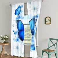 2Pc Contemporary Polyester Window Curtain With Blue Butterflies Floral Print Machine Washable For Bedroom Living Room Dining 2