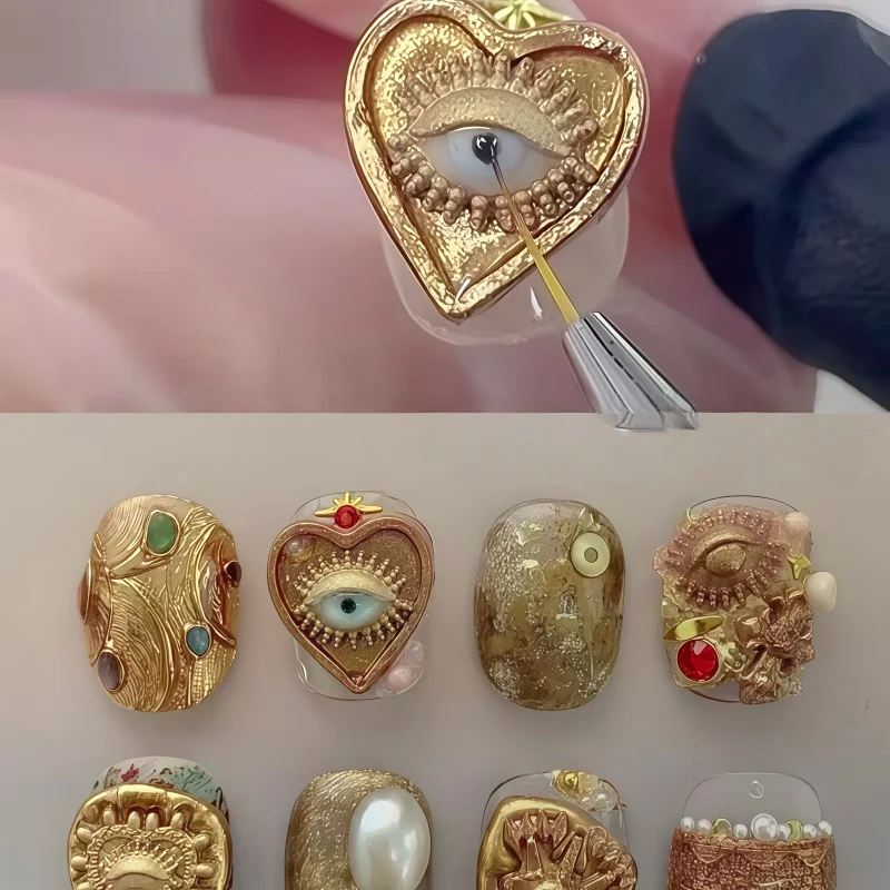 레트로 자수가 들어간 네일아트 몰드, 하트 모양 프린트 눈알, 3D 아트 주얼리, 투명 실리콘 몰드