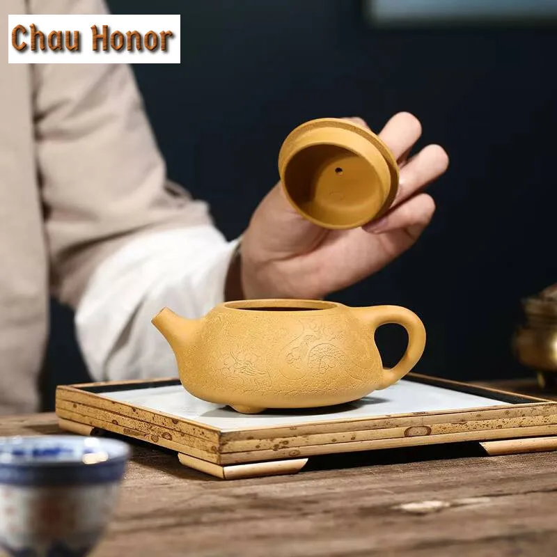 250ml Yixing Raw Ore Golden Section Mud Dragon Pattern Carving Purple Clay Teapot Handmade Household Kung Fu Tea Set Customized