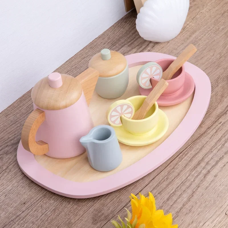 Wooden Tea Party/Cake Set Toy Pretend Play Food Learning Role Play Game Early Educational Toys For Toddlers Girls BoysKids Gifts