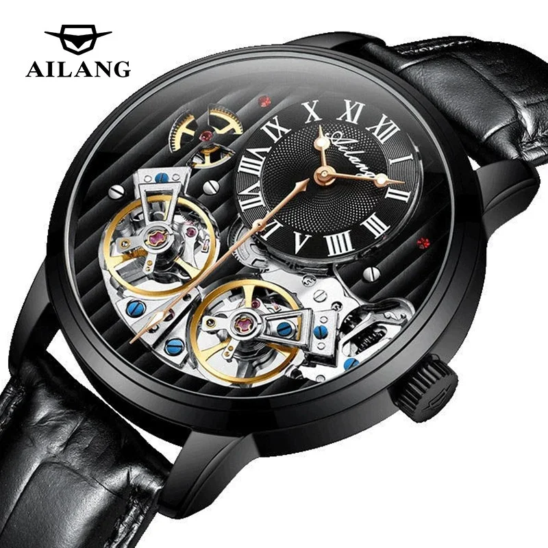 

AILANG Mens Watches Top Brand Luxury Double Tourbillon Watch for Men Leather Strap Waterproof Automatic Mechanical Wristwatches