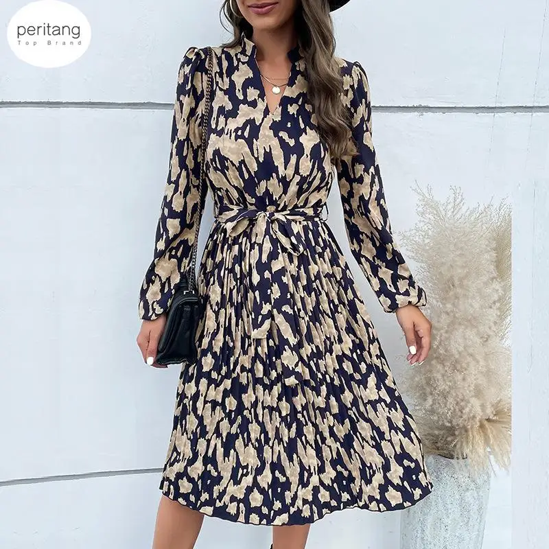 

Женское плиссированное платье PERITANG, платье с длинным рукавом и принтом, Осень-зима 2023