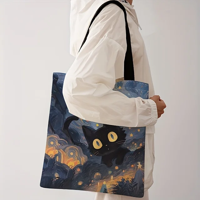Black Night Cat Pattern Printed Tote Bag