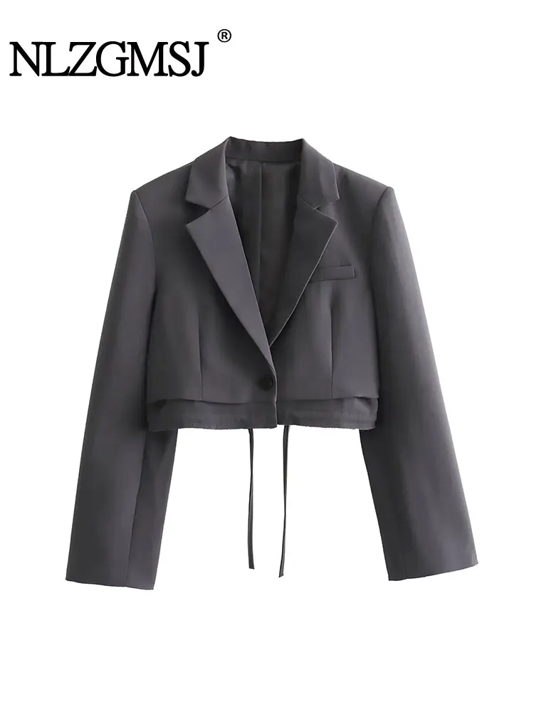 

Nlzgmsj TRAF Grey Women Coat 2023 Autumn Long Sleeve Single Button Drawstring Raw Hem Blazer Office Jacket Female Crop Top