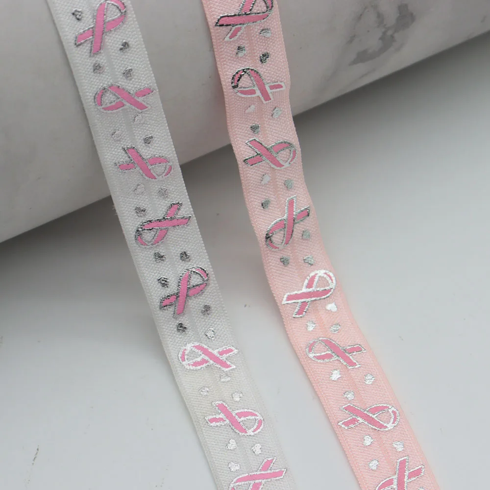 Description Picture 3 of item5/8" 15mm Gold Foil AIDS Breast Cancer Awareness Print FOE Band Spandex Fold Over Elastic For Bracelet Hair Tie Sewing Trim