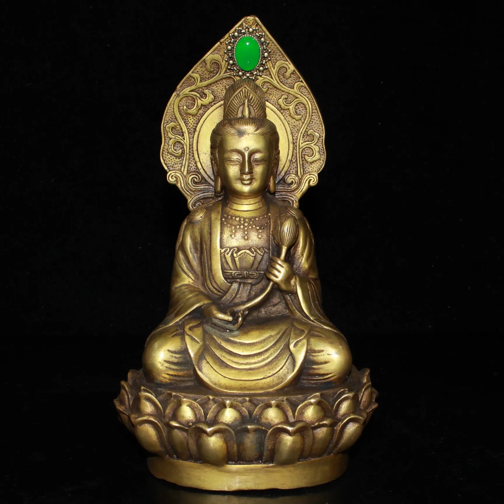 

Exquisite antique pure copper inlaid gemstone lotus base Guanyin ornament