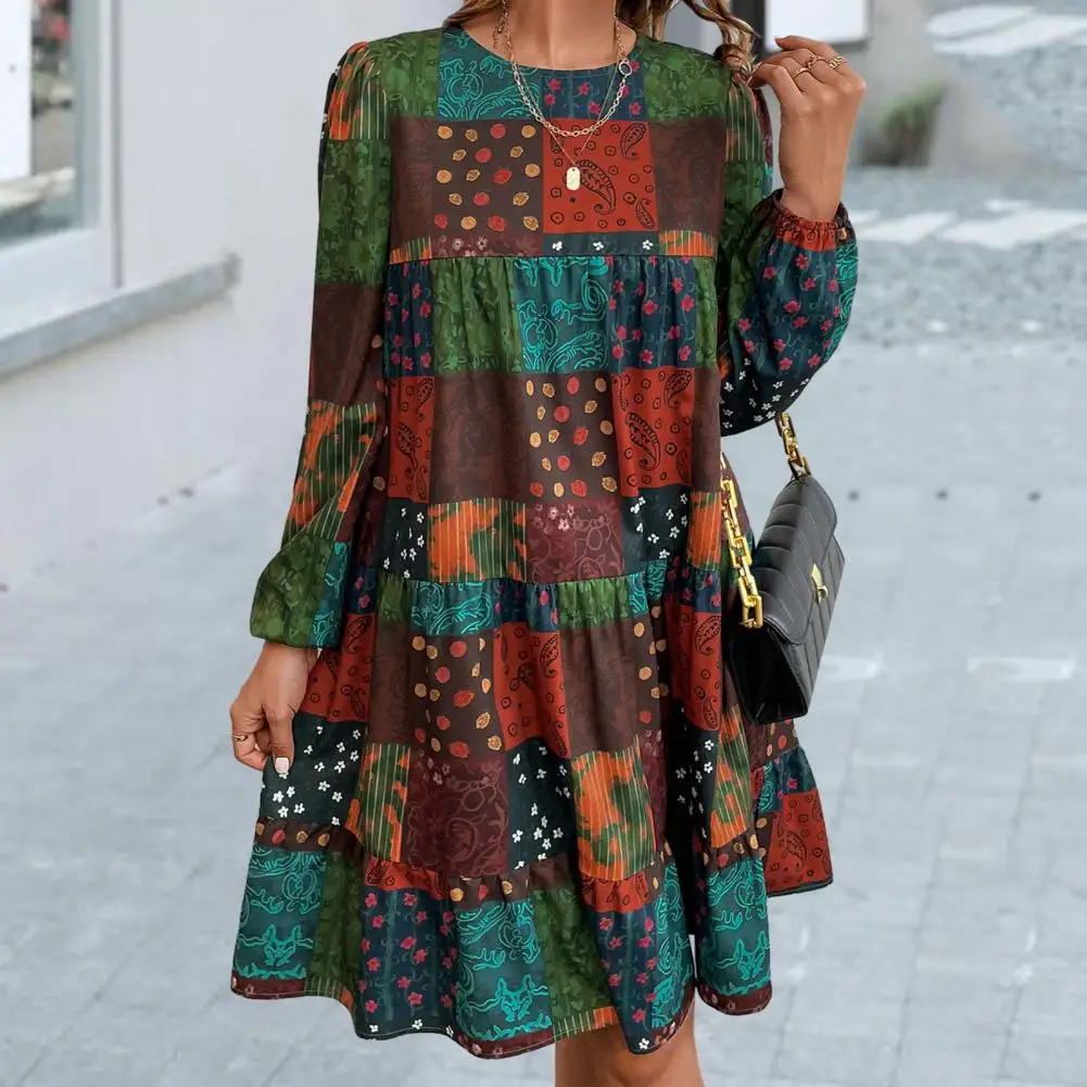 

Women A-line Dress Colorful Print Patchwork Dress with Ruffle Detail A-line Silhouette Women's Spring/fall Boho Mini Dress