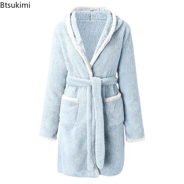 104656-cf301b.jpg Robe d'hiver décontractée en peluche pour femmes, couleur unie assortie, Double poche, chemise de nuit à bretelles, peignoir pelucheux, manteaux, vêtements de maison pour dames