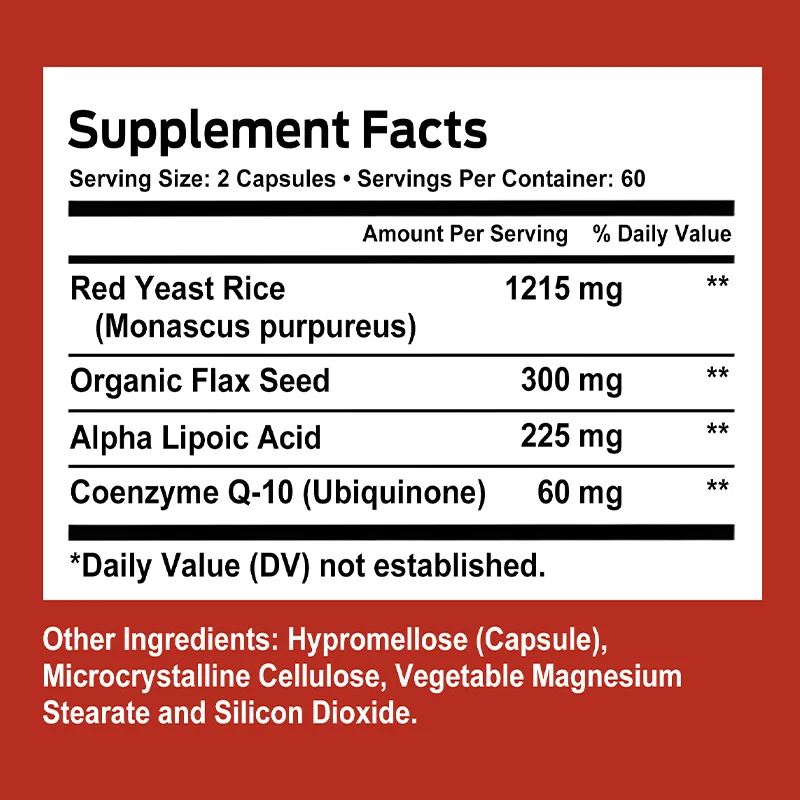 Red yeast rice 1215 mg + coenzyme q10, support heart, cardiovascular health, balance blood sugar, 30/60/120 capsules