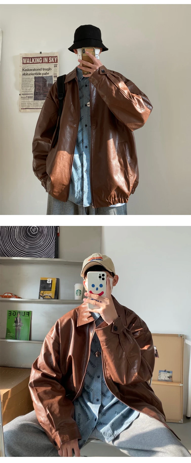 mens brown leather jacket LEGIBLE Oversize Leather Jacket Men Solid Color Korean Style Autumn Coat Mens Streetwear Warm Men's Clothing leather baseball jacket