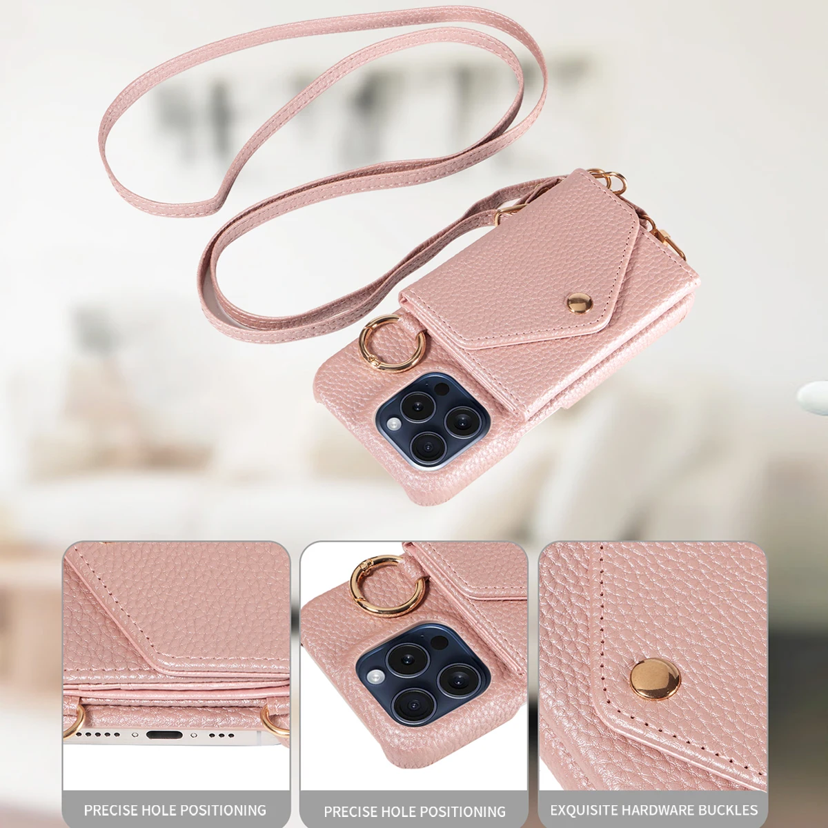 Elegant Leather Phone Case with Long Lanyard and Mirror - Anti-Drop Protection