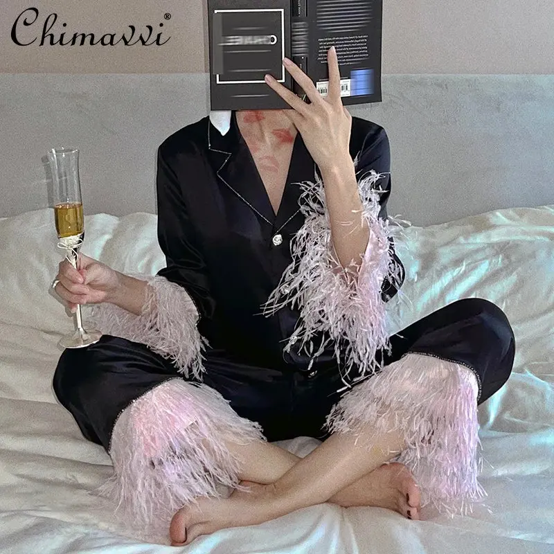 

Socialite Crystal String Beads Drill Buckle Suit Collar Feather Stitching Long Sleeve Pajamas Wide Leg Trousers Homewear Suit