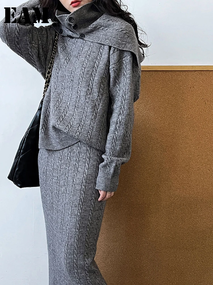 

[EAM] Sweater With Scarf Half-body Skirt Two Pieces Suit New Round Neck Long Sleeve Women Fashion Spring Autumn 2024 1DH3141