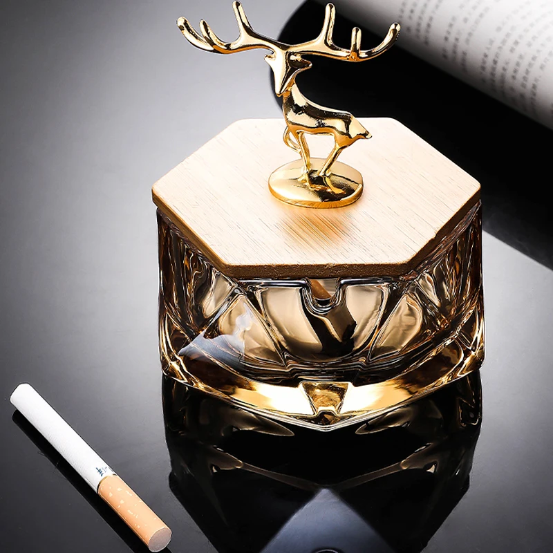 Household Crystal Glass Ashtray with Cover To Prevent Fly Ash Luxury Trend Living Room Decoration Office Decoration Elk Ashtray portable ashtray cigarettes ashtray silicone ashtray stainless steel ashtray metal ashtray