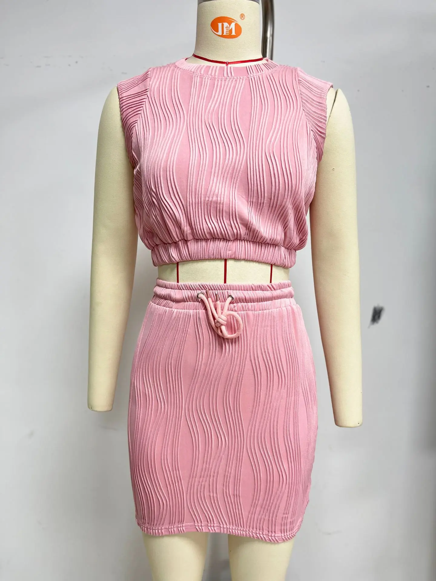 Sets for Women 2 Pieces 2024 Summer Texture Solid Round Neck Sleeveless Crop Vest & High Waist Drawstring Casual Mini Skirt Set