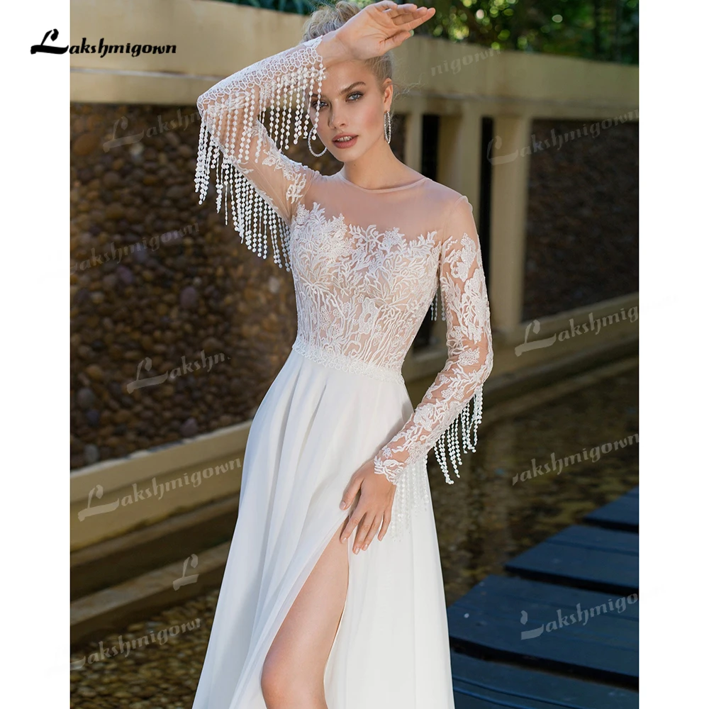 Tassel Lace Chiffon Boho Wedding Dress Illusion Long Sleeve Bridal Gown High Slit A-Line Sweep Train Wedding Gowns Customized 3