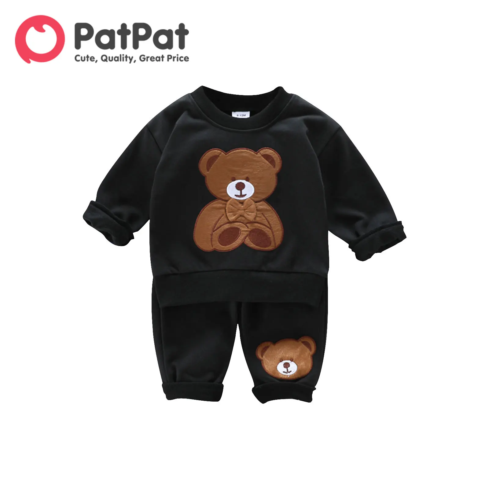 

PatPat 2pcs Baby Boy/Girl Bear Embroidered Black Long-sleeve Sweatshirt and Sweatpants Set