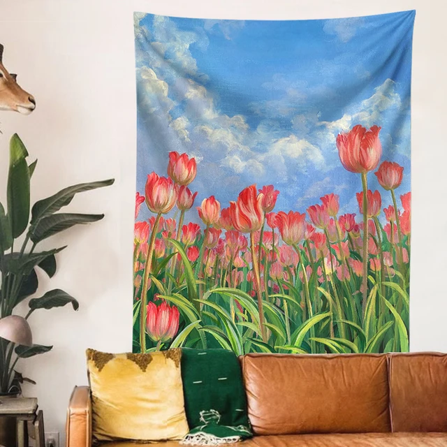 Rózsaszín Tulipán Virágok Gobelin Fali Függő Kerti Virágkocsogáru Szőnyegek - Image 2