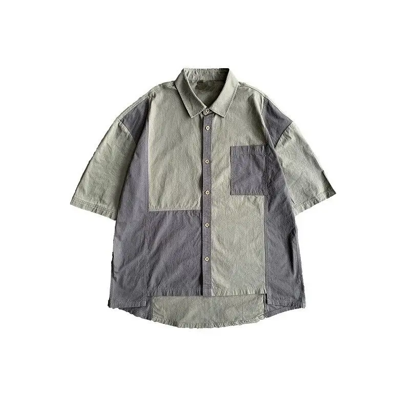 Summer Patchwork Short Sleeve Shirts Men's Harajuku Casual Loose Youth Trendy Patchwork Pockets Square Collar Button Shirt Tops