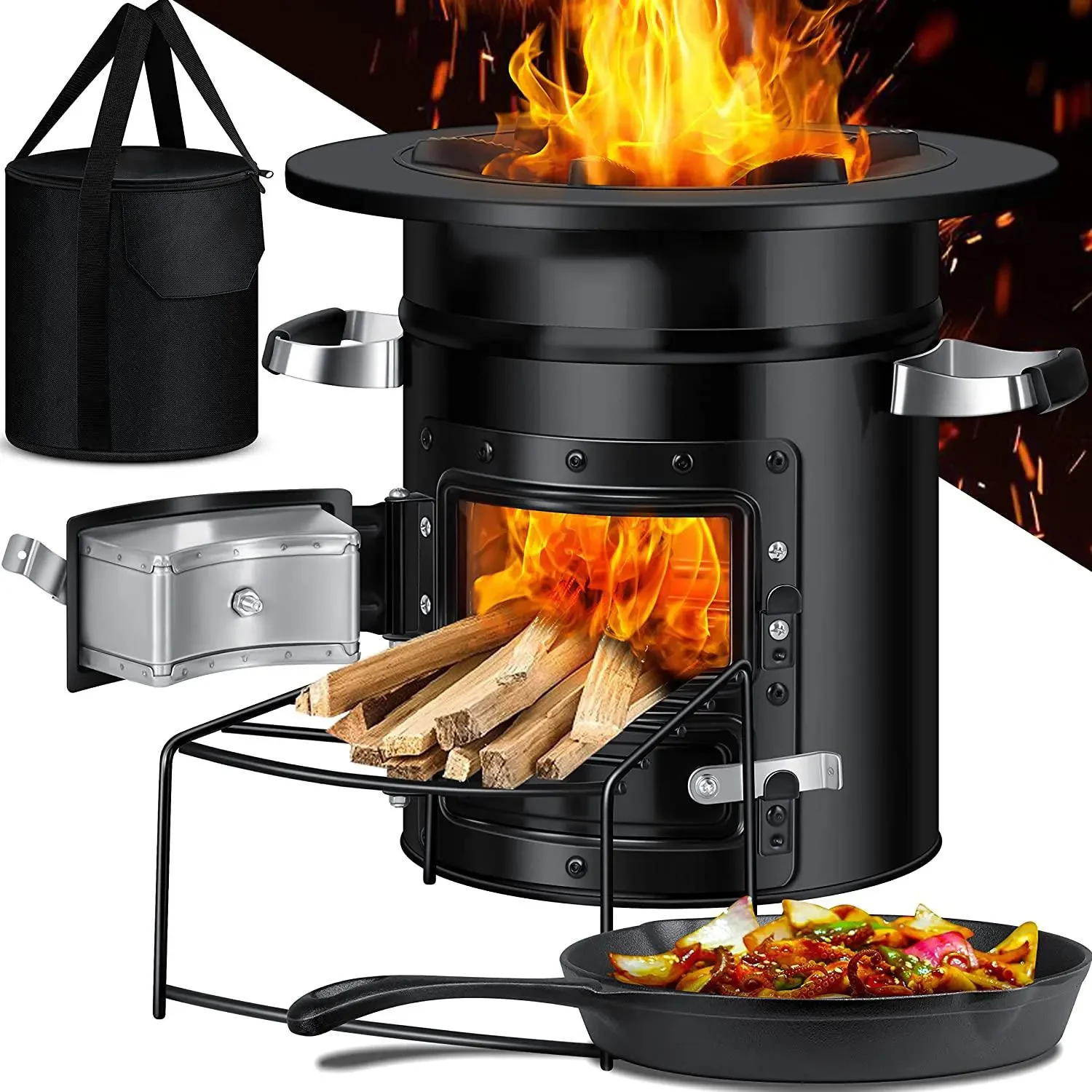 Wood and Charcoal Portable Camping Stove with Bag and Cast Iron Cookware