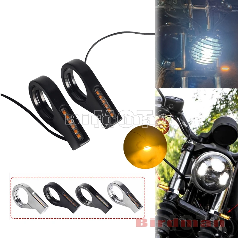 

12V Aluminum Amber / White Flasher Signal Lamp 41mm Fork Tubes Motorcycle Front LED Turn Signal Light For Honda Suzuki Yamaha