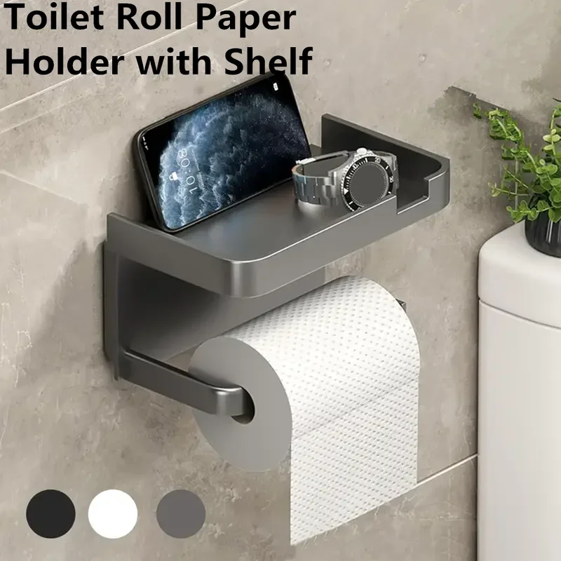 Wall Mounted Toilet Paper Holder Durable ABS Plastic No Drill Adhesive Tissue Rack Space Saving Storage Shelf Waterproof Material