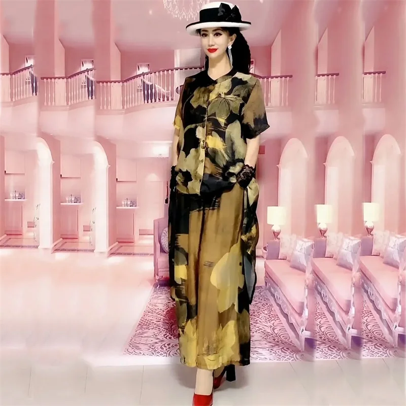 2023 New Bohemian Belly Covering Silk Wide Leg Pants Set for Women Spring Summer New Western Silk Fashion and Slim Two Piece Set