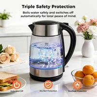 Bouilloire électrique en verre 1,7 L, 2200 W, bouilloire à ébullition rapide avec lumière LED bleue, arrêt automatique et protection contre l'ébullition à sec, bouton de filtration pour ouvrir le couvercle, verre transparent, conception sans fil 3