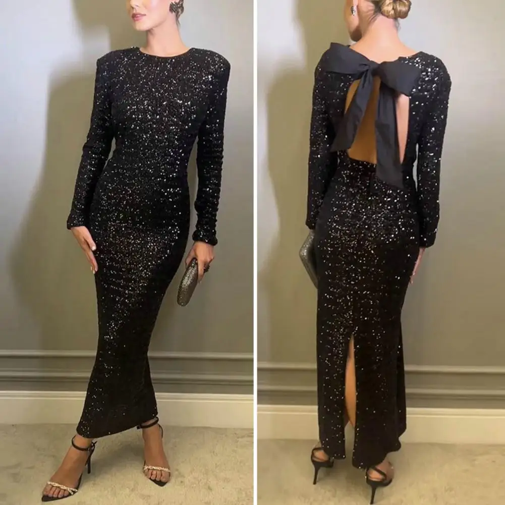 

Backless Lace Up Bow Shoulder Pads Long Dress 2024 New Christmas Black Split Slim Maxi Vestidos O Neck Banquet Evening Robes