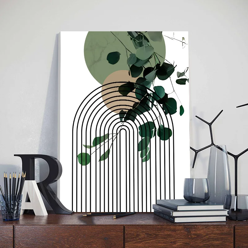 3pcs Bohemian Sage Green Wall Art Canvas Painting with Framed Nordic Abstract Geometric Plant Leaves Posters Bedroom Home Decor
