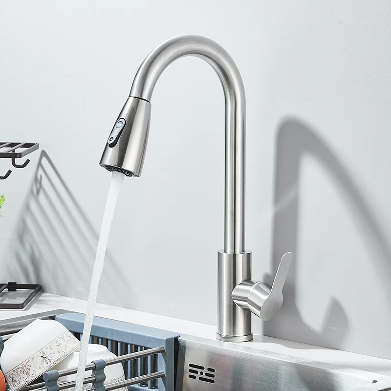 Grifo De Fregadero De Cocina Con Rociador Extraíble, Grifo De Cocina De Níquel Cepillado, Grifo De Cuello De Cisne De Resorte Extraíble, Grifo De Fregadero De Cocina De Arco Alto De