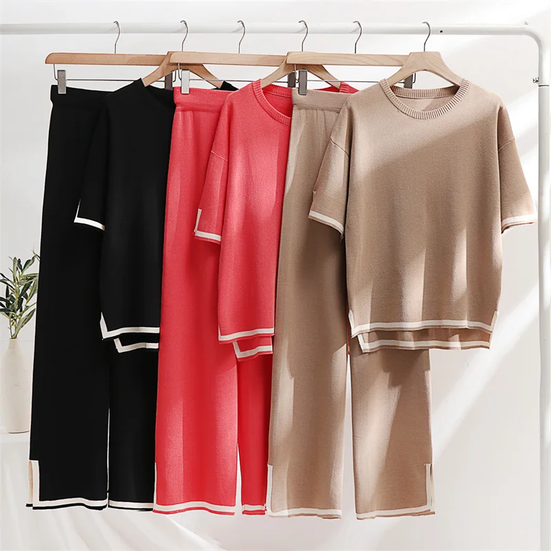 

Two Piece Elegant Pants Set Ice Knitted Women's Summer and Autumn 2023 Short Sleeve Pajamas Set Home Furnishing Outwear Set