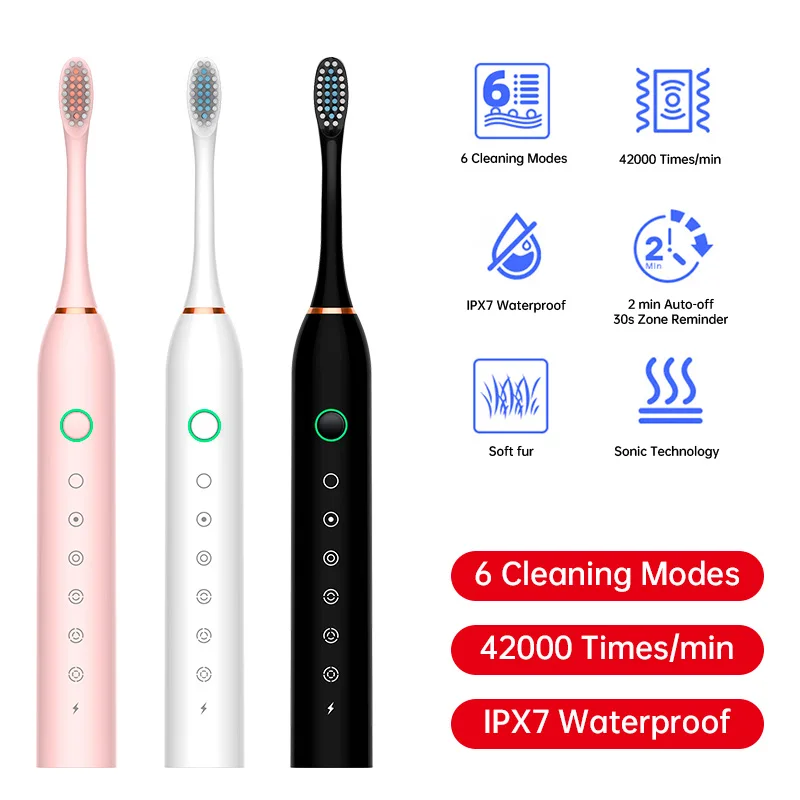 전기 초음파 칫솔 6 속도 모드 홈 부드러운 머리 USB 충전 방수 성인 치아 클리너 자동 커플 세트