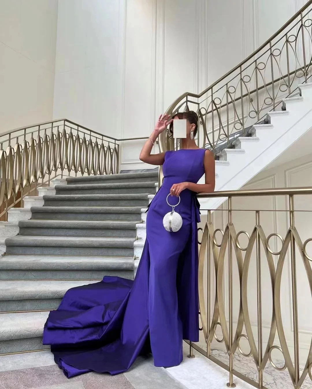 

Scoggins Purple Satin Sheath Dresses Women Wear Evening Formal Party with Long Sweep Train Prom Dress Open Back Sexy Robe De Mar