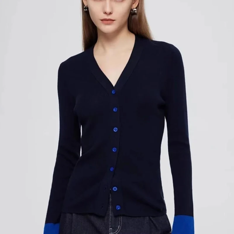 

2024 Spring New Fine Imitation Wool Knitted Cardigan Women V-neck Sweater Long Sleeve Contrasting Colors Single Breasted Coat