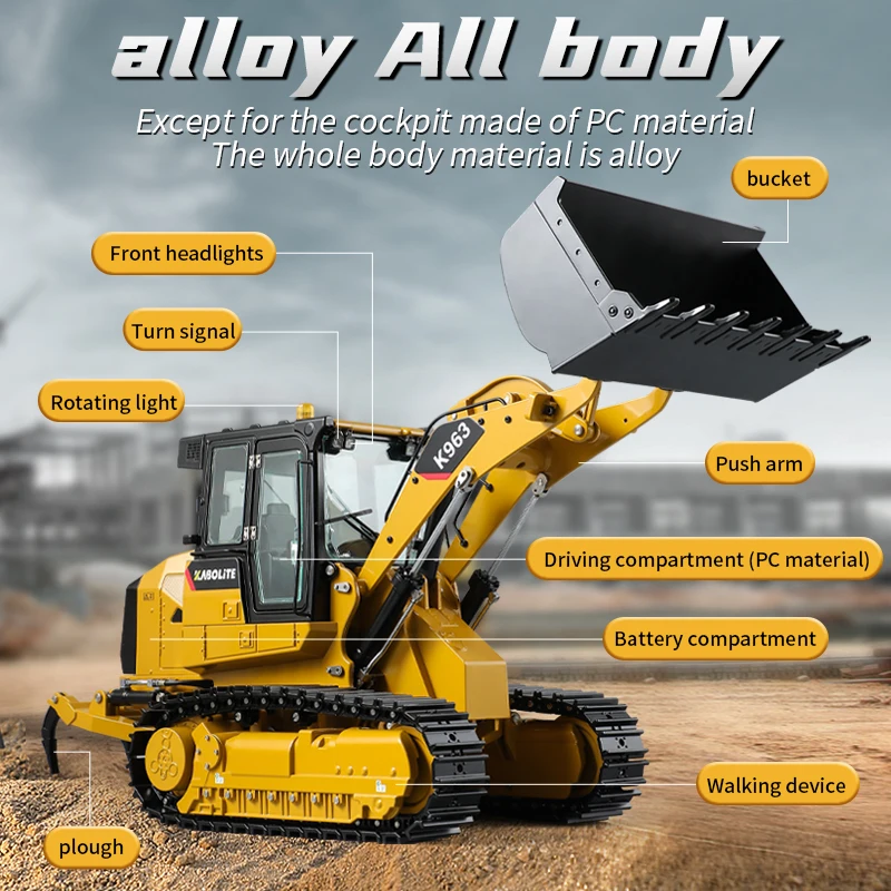 RTR KABOLITE K963 RC Hydraulic Loader 1/16 Remote Control Metal Machine Construction Vehicles Model with Light System RC Toys 4