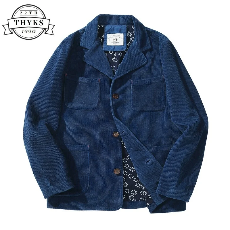 

Vintage Indigo Corduroy Jacket Men Lapel Multi Pockets Thick Warm Blue Dyeing Casual Suit Winter Business Working Cardigan Coats