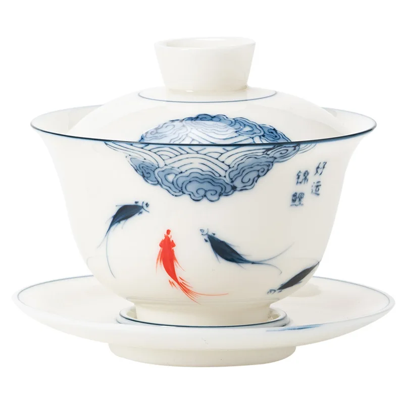 Hovering Hand-painted Mutton Fat Jade Porcelain Cover Bowl Single Three-cai Cup Kung Fu Tea Set Tea Cup Suspension Bowl Large