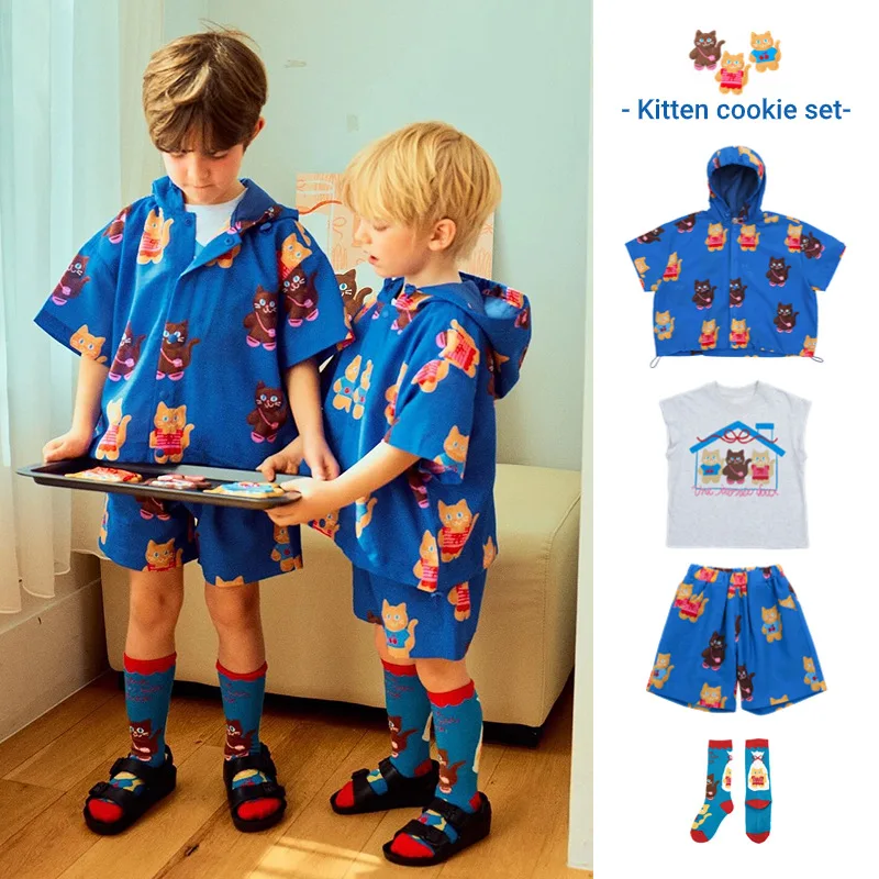 

Children's Suit 2024 Summer Cartoon Fashion Boys And Girls Kitten Hoodie Cotton Cotton T-shirt Shorts Suit Children's Clothing